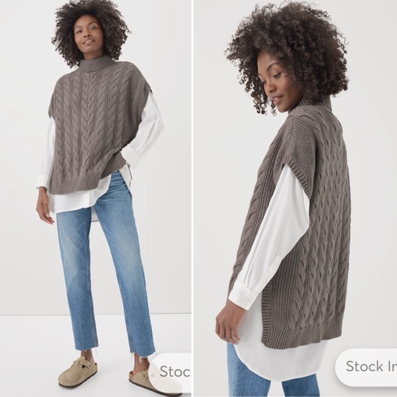 PACT Cable Knit Poncho Pullover Organic Cotton Turtleneck Sweater Fisherman Gray - Picture 5 of 10
